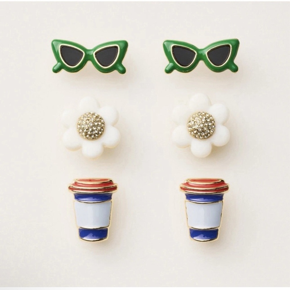 Kate Spade x Target Stud Earrings Set Sunglasses Flowers Coffee Cups 3 Pairs NEW
